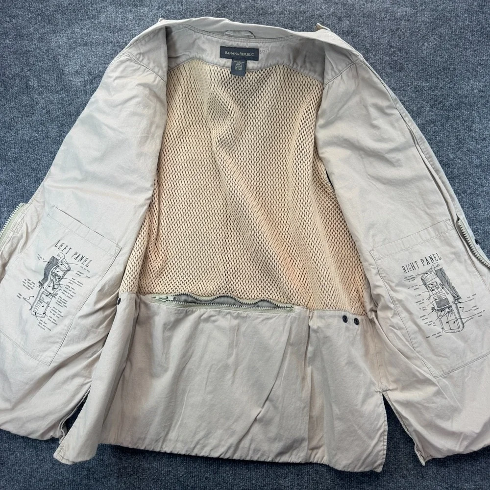 Vintage Banana Republic Photo Safari Vest Mens L Beige Mesh Lined Multi Pocket